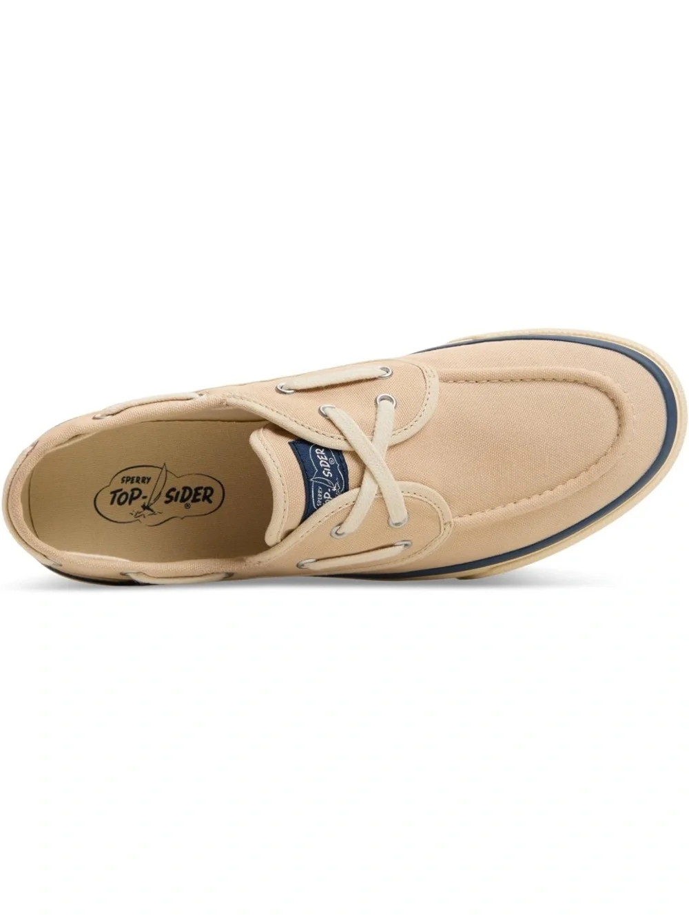 Sperry Beige Canvas Boat Shoe with Navy Stripe